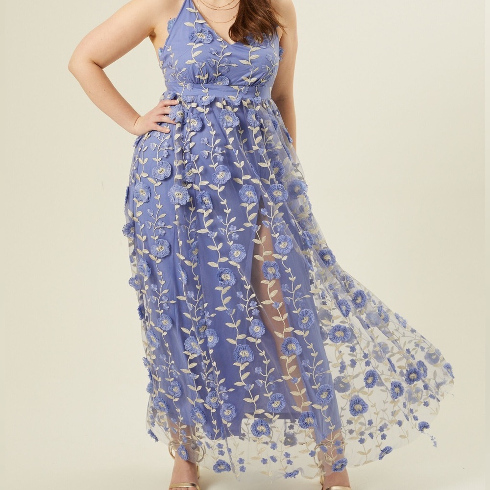 Arula floral appliqué special occasion periwinkle halter top dress gown prom